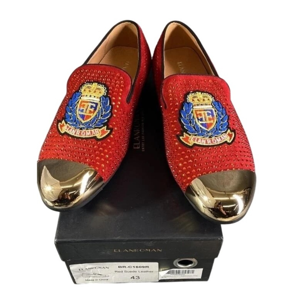 ElanRoman Red Suede Leather Rhinestone Crest Loafers Shoes Size 43 (US 10)
